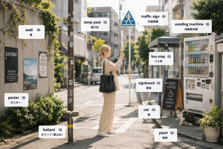 英語の単語が表示された日常風景