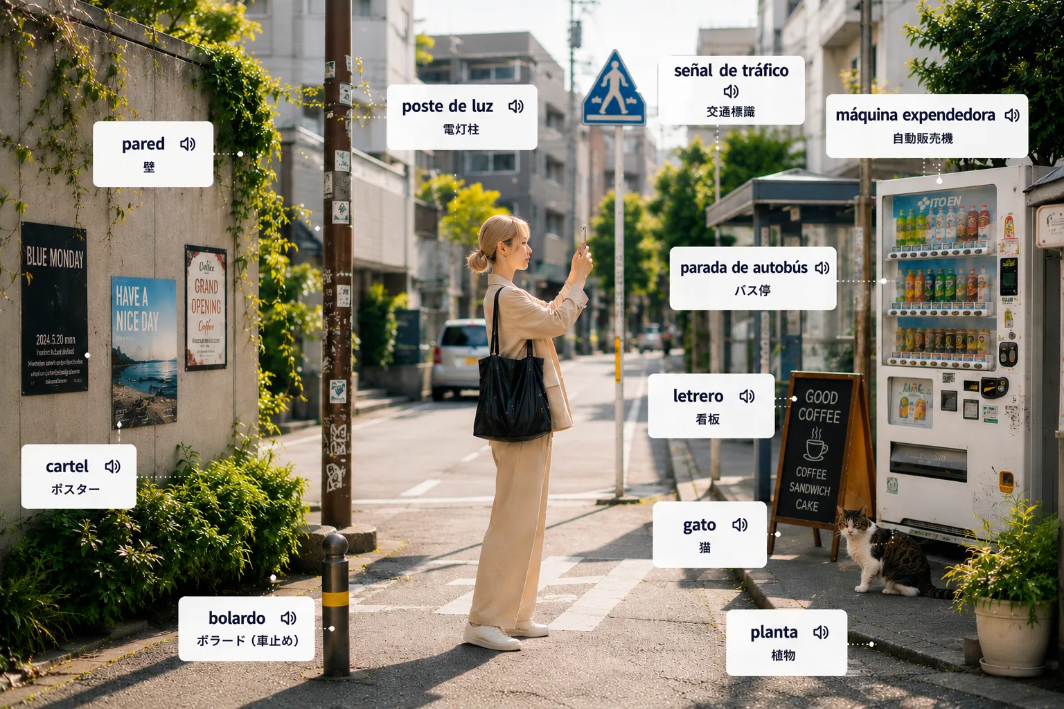 スペイン語の単語が表示された日常風景